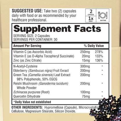 ImmuneSupport supplement facts panel showing 30 servings of 2 capsules with vitamin C 250 mg, vitamin E 20 mg, zinc citrate 15 mg, N-acetyl-cysteine 300 mg, elderberry fruit extract 200 mg, green tea leaf extract 200 mg, reishi mushroom 200 mg, echinacea purpurea root 100 mg and quercetin dihydrate 75 mg