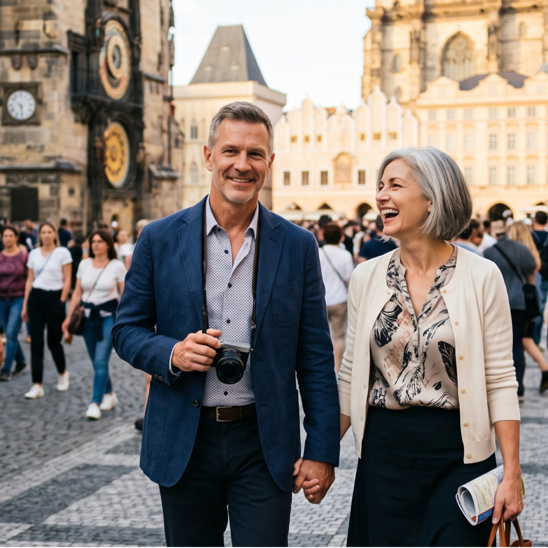 A smiling man in a navy blazer and a woman in a beige cardigan walk hand-in-hand through a crowded historic square, with the Prague Castle and ornate clock tower visible in the background.