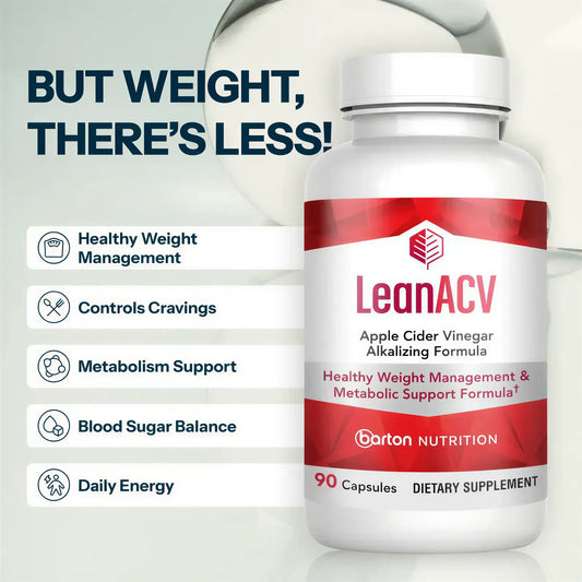 LeanACV supplement by Barton Nutrition lifestyle image with headline But Weight There's Less, showing bottle alongside key benefits for healthy weight management, craving control, and metabolism support