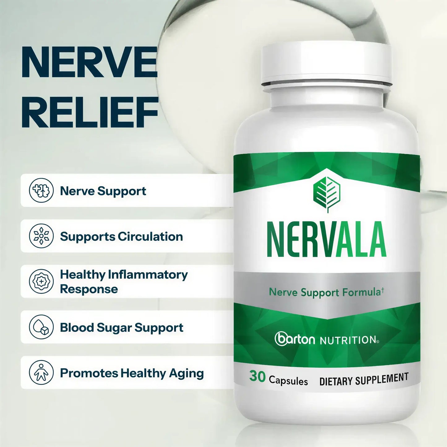 Nervala supplement by Barton Nutrition lifestyle image with headline Nerve Relief, showing bottle alongside key benefits for nerve support, comfortable movement, and blood sugar support