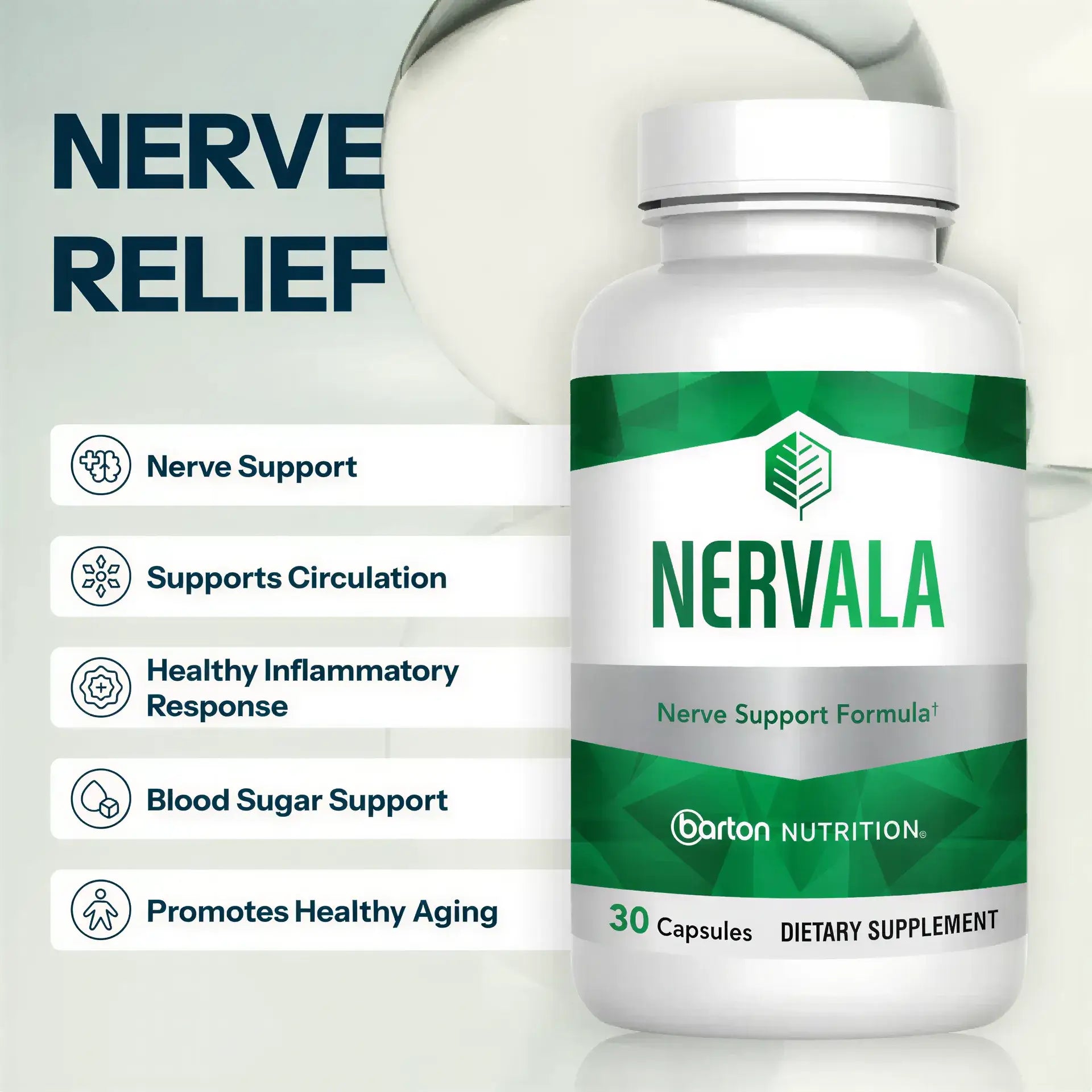 Nervala supplement by Barton Nutrition lifestyle image with headline Nerve Relief, showing bottle alongside key benefits for nerve support, comfortable movement, and blood sugar support