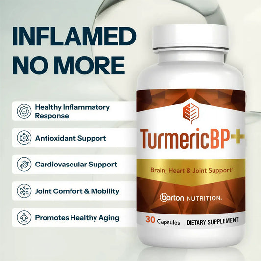 TurmericBP+ inflammation and antioxidant support supplement by Barton Nutrition - single bottle front view, 30 capsules, doctor-formulated turmeric root extract with BioPerine black pepper for 2000% enhanced absorption